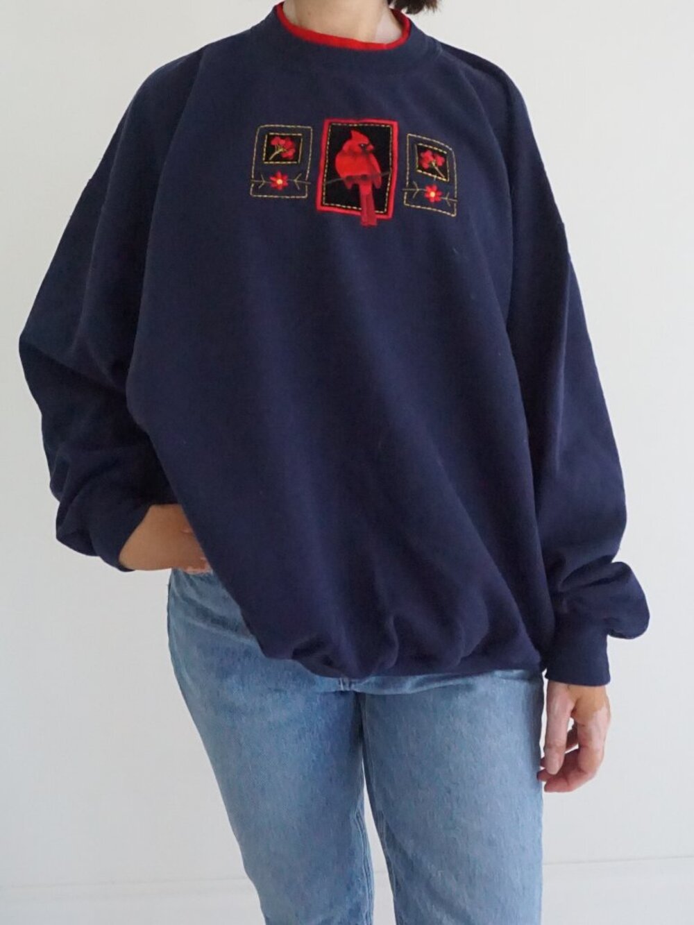 Vintage Top Stitch Navy Blue Cardinal Birds Berry Floral Embroidered Sweater L